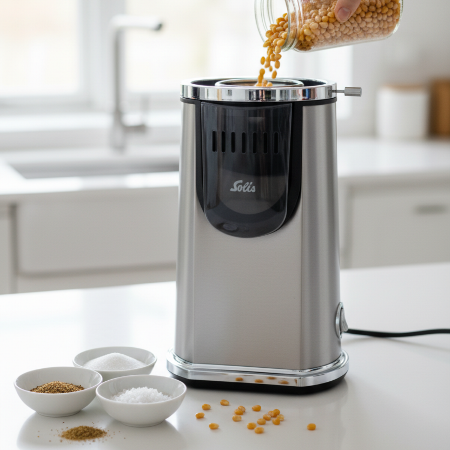 Solis Pop & Fun Popcorn Maker with corn kernels being poured in and seasoning bowls on the counter