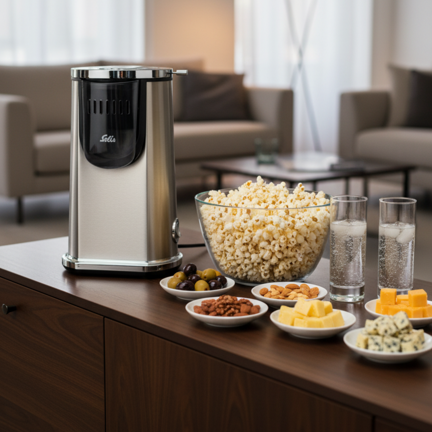 Solis Pop & Fun Popcorn Maker with fresh popcorn and snacks served in a modern living room